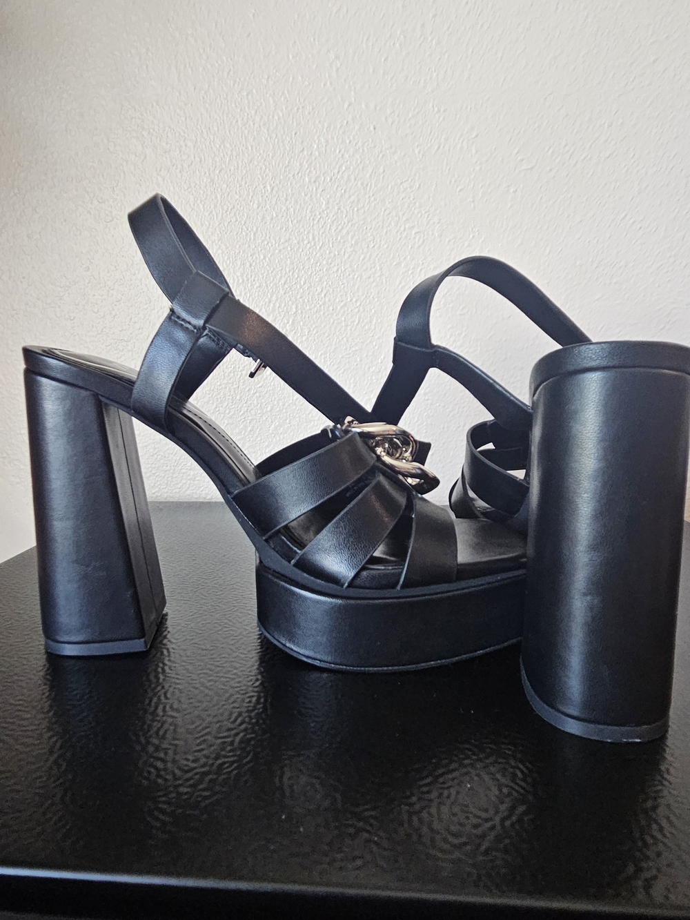 Black Platform Slingback Sandals with Silver Chain Accent - Picture 2 of 4